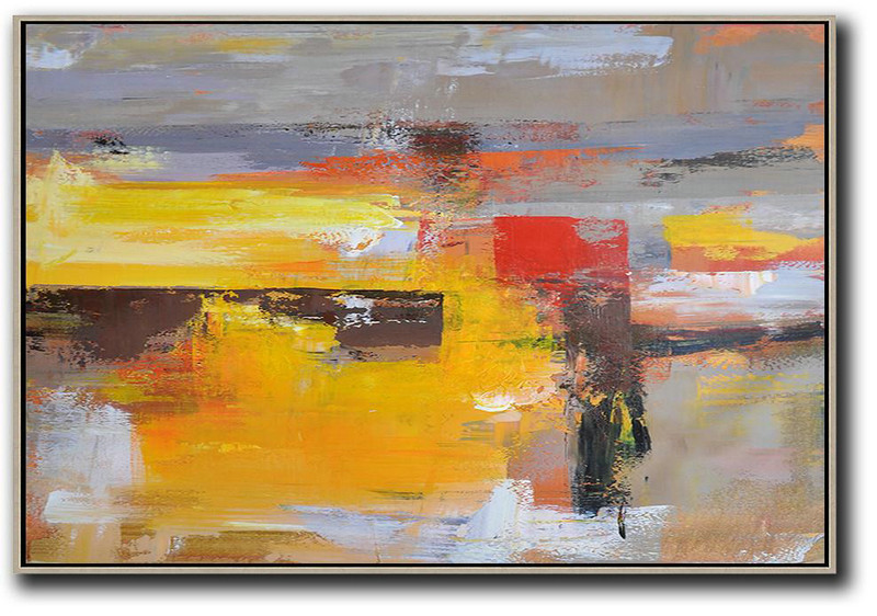 Horizontal Palette Knife Contemporary Art,Contemporary Art Acrylic Painting,Grey,Yellow,Red